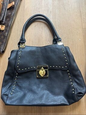 Betsy Johnson Black Studded Leather Tote with Gold Hardware